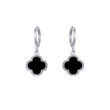 Silver  Black Clover Onyx & CZ Lucky Charm Halo Drop Earrings - AER185