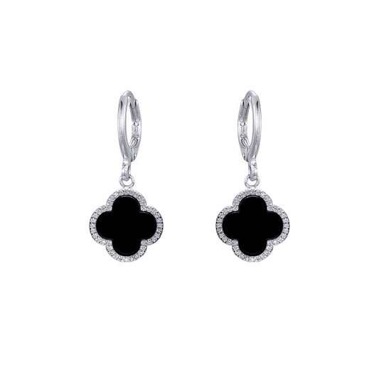Silver  Black Clover Onyx & CZ Lucky Charm Halo Drop Earrings - AER185
