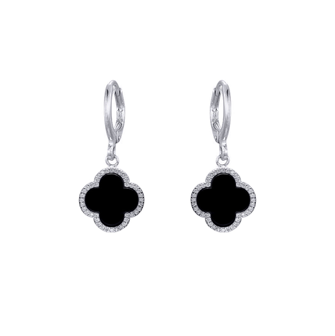 Silver  Black Clover Onyx & CZ Lucky Charm Halo Drop Earrings - AER185
