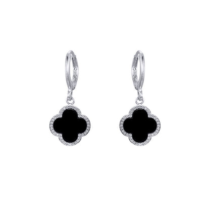 Silver  Black Clover Onyx & CZ Lucky Charm Halo Drop Earrings - AER185