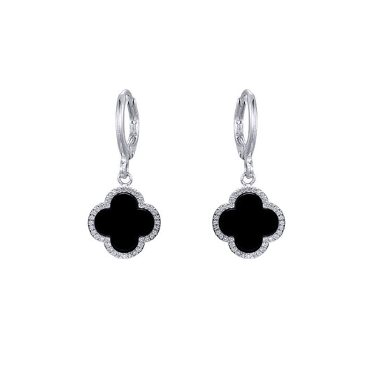 Silver  Black Clover Onyx & CZ Lucky Charm Halo Drop Earrings - AER185