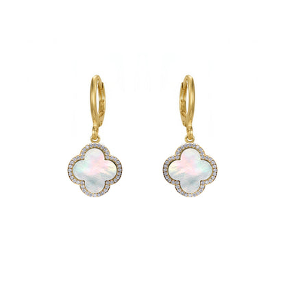 Gold-plated Silver  Rainbow Clover MOP CZ Charm Halo Drop Earrings - AER186-GP