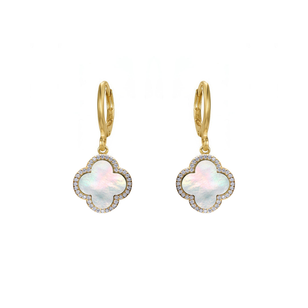 Gold-plated Silver  Rainbow Clover MOP CZ Charm Halo Drop Earrings - AER186-GP