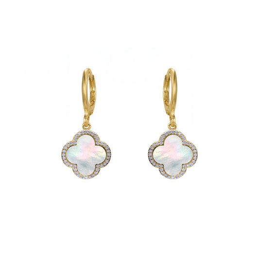 Gold-plated Silver  Rainbow Clover MOP CZ Charm Halo Drop Earrings - AER186-GP