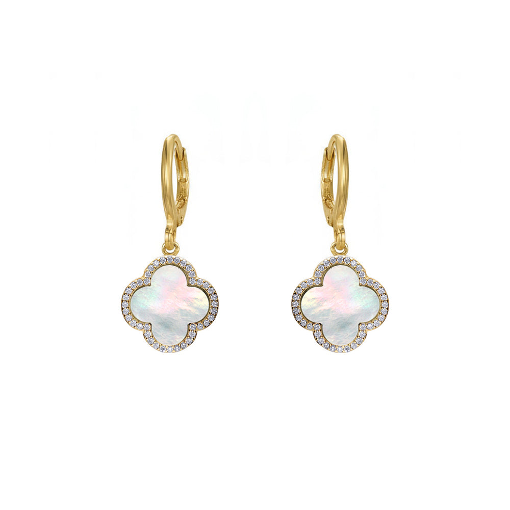 Gold-plated Silver  Rainbow Clover MOP CZ Charm Halo Drop Earrings - AER186-GP