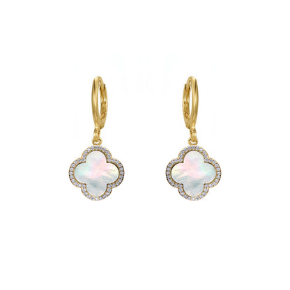 Gold-plated Silver  Rainbow Clover MOP CZ Charm Halo Drop Earrings - AER186-GP