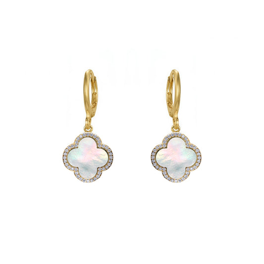 Gold-plated Silver  Rainbow Clover MOP CZ Charm Halo Drop Earrings - AER186-GP