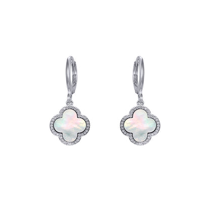 Silver  Rainbow Clover Mother of Pearl CZ Charm Halo Drop Earrings - AER186