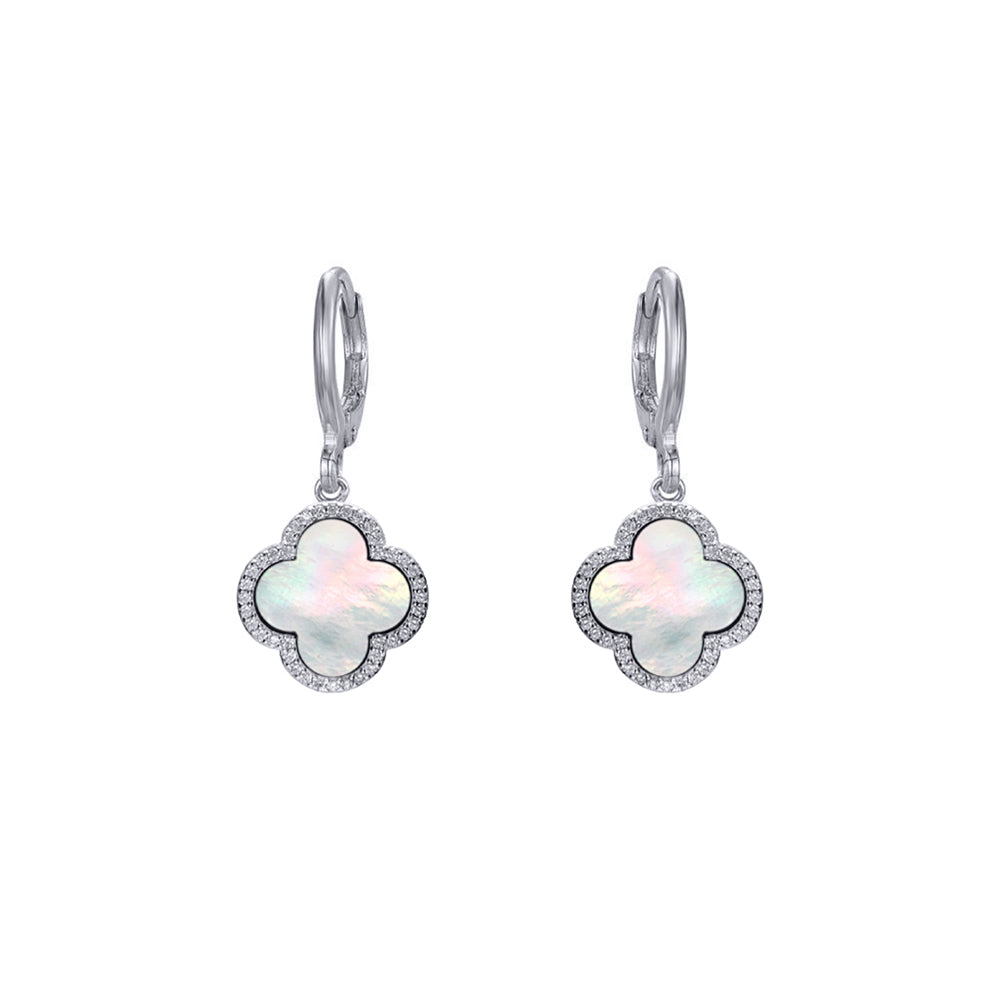 Silver  Rainbow Clover Mother of Pearl CZ Charm Halo Drop Earrings - AER186