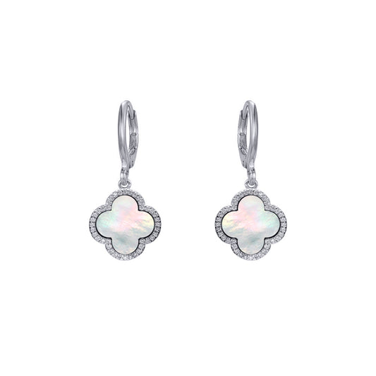 Silver  Rainbow Clover Mother of Pearl CZ Charm Halo Drop Earrings - AER186