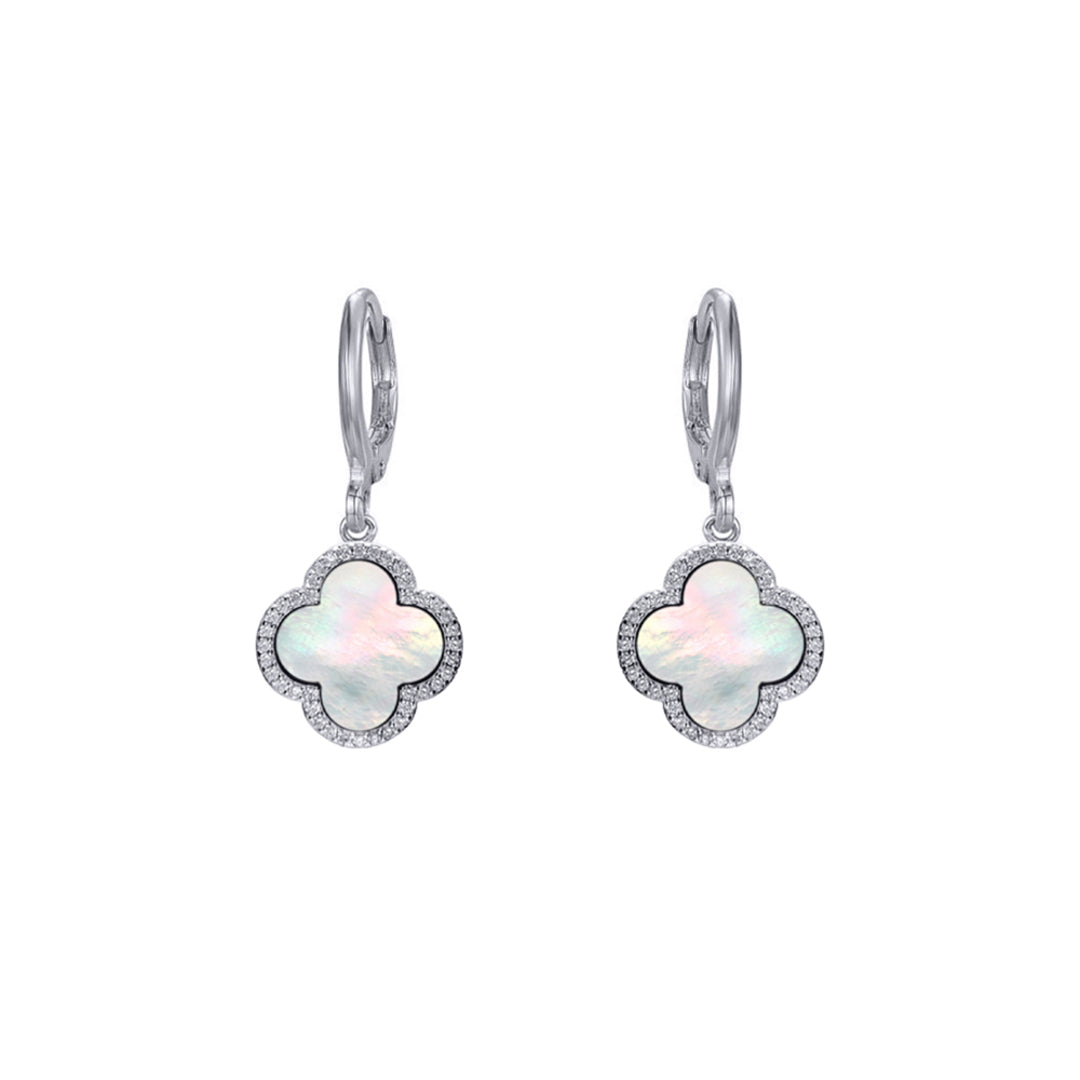 Silver  Rainbow Clover Mother of Pearl CZ Charm Halo Drop Earrings - AER186