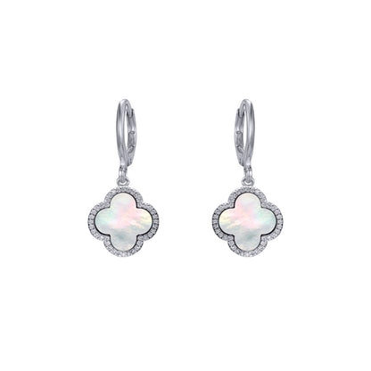 Silver  Rainbow Clover Mother of Pearl CZ Charm Halo Drop Earrings - AER186