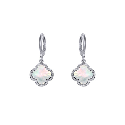 Silver  Rainbow Clover Mother of Pearl CZ Charm Halo Drop Earrings - AER186