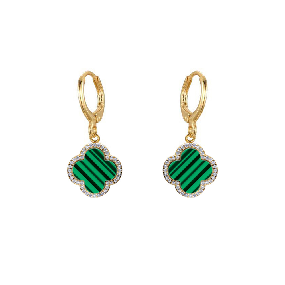 Gold-plated Silver  Green Clover Malachite CZ Charm Drop Earrings - AER187-GP