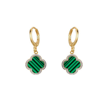 Gold-plated Silver  Green Clover Malachite CZ Charm Drop Earrings - AER187-GP