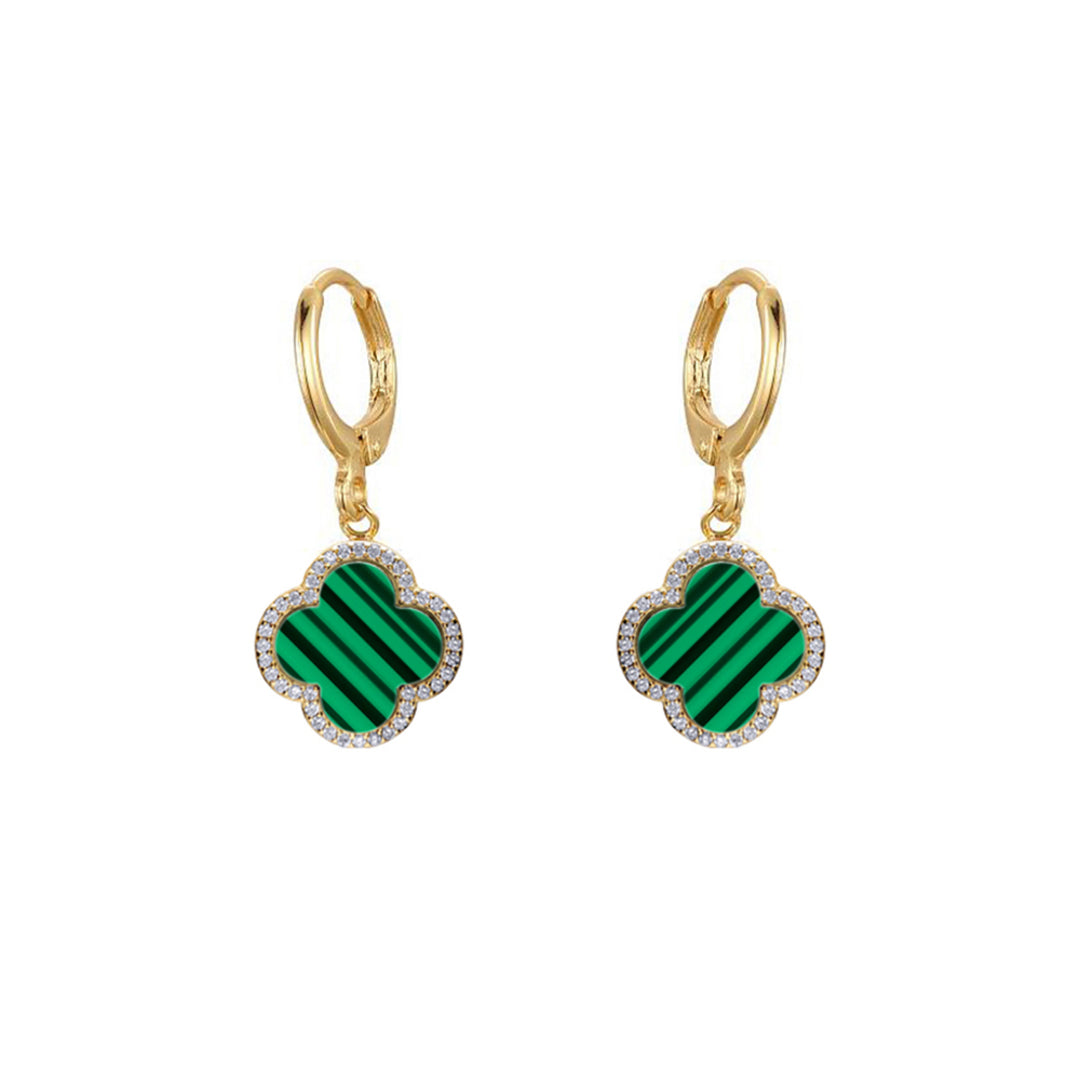 Gold-plated Silver  Green Clover Malachite CZ Charm Drop Earrings - AER187-GP