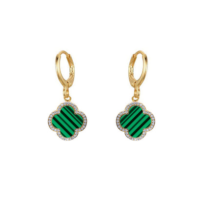 Gold-plated Silver  Green Clover Malachite CZ Charm Drop Earrings - AER187-GP