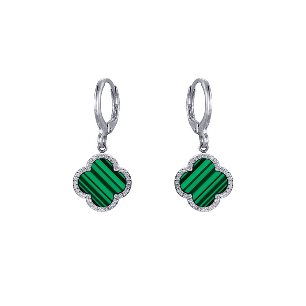 Silver  Green Black Clover Malachite CZ Charm Halo Drop Earrings - AER187