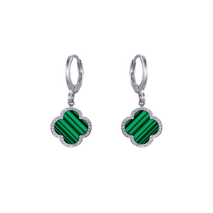 Silver  Green Black Clover Malachite CZ Charm Halo Drop Earrings - AER187