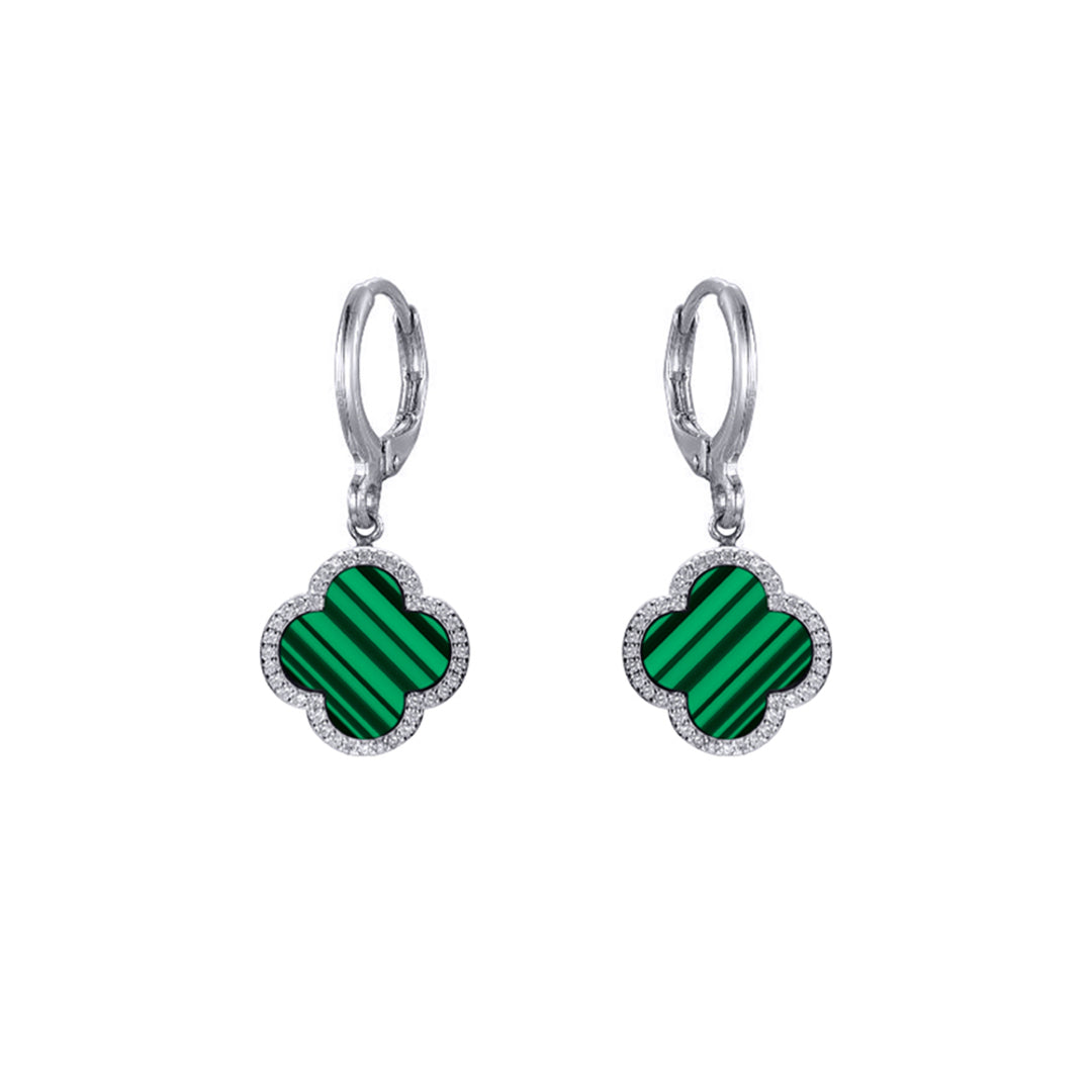 Silver  Green Black Clover Malachite CZ Charm Halo Drop Earrings - AER187