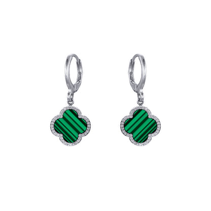 Silver  Green Black Clover Malachite CZ Charm Halo Drop Earrings - AER187