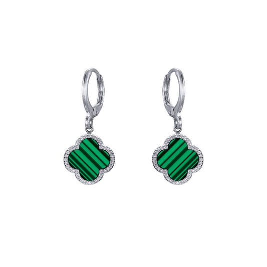 Silver  Green Black Clover Malachite CZ Charm Halo Drop Earrings - AER187