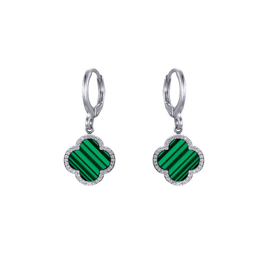 Silver  Green Black Clover Malachite CZ Charm Halo Drop Earrings - AER187