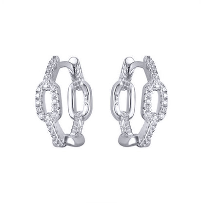 Rhodium-plated Silver  CZ Oval Paper Chain Link Hoop Earrings - AER189