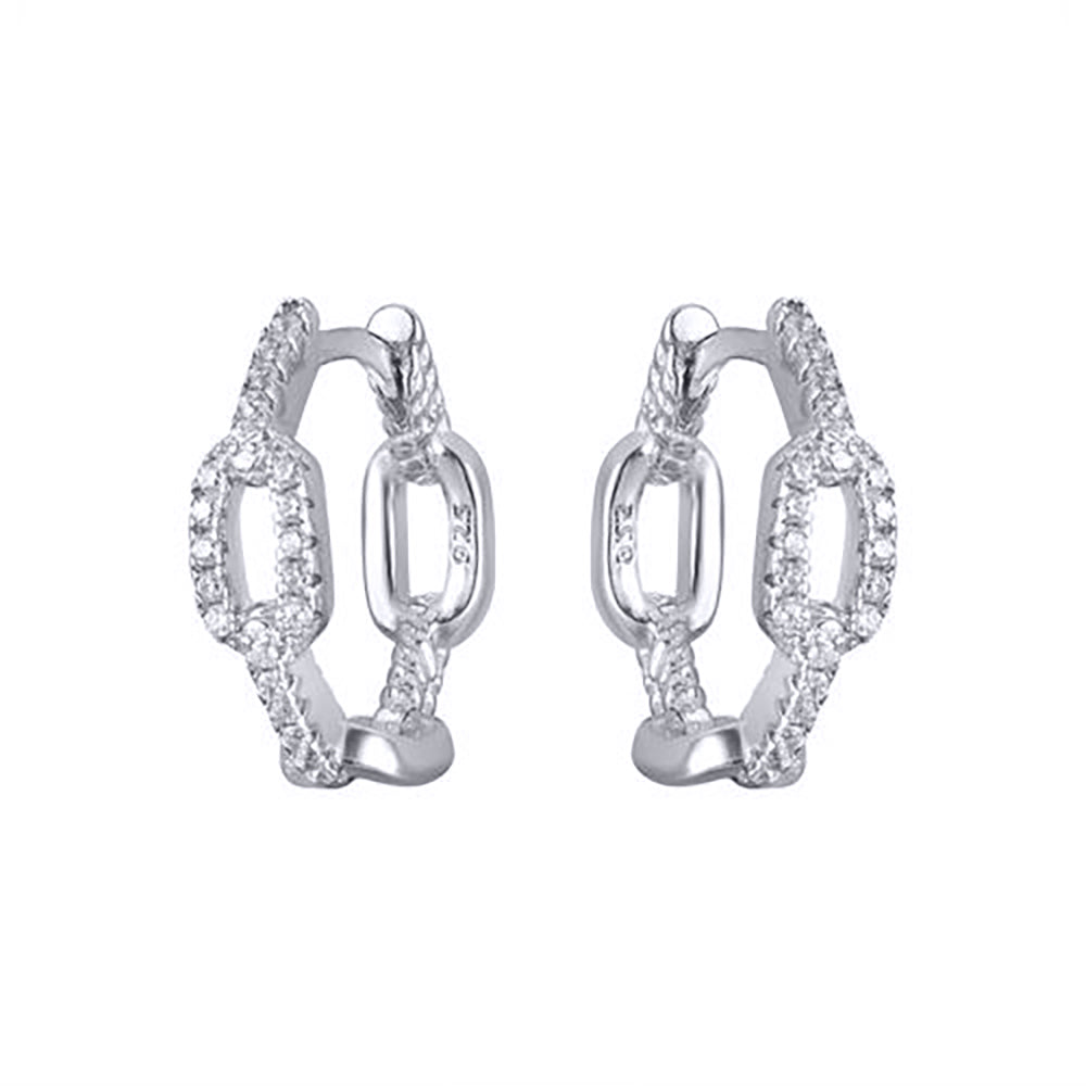 Rhodium-plated Silver  CZ Oval Paper Chain Link Hoop Earrings - AER189
