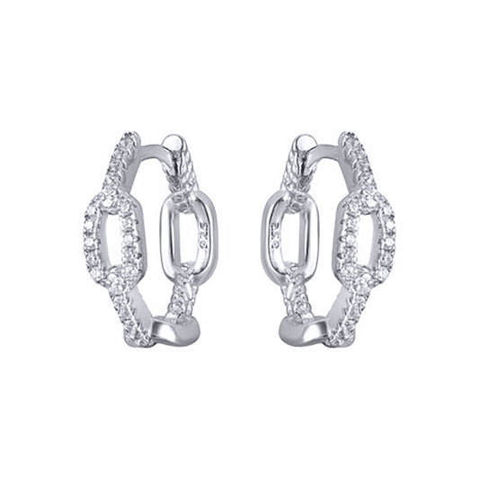 Rhodium-plated Silver  CZ Oval Paper Chain Link Hoop Earrings - AER189