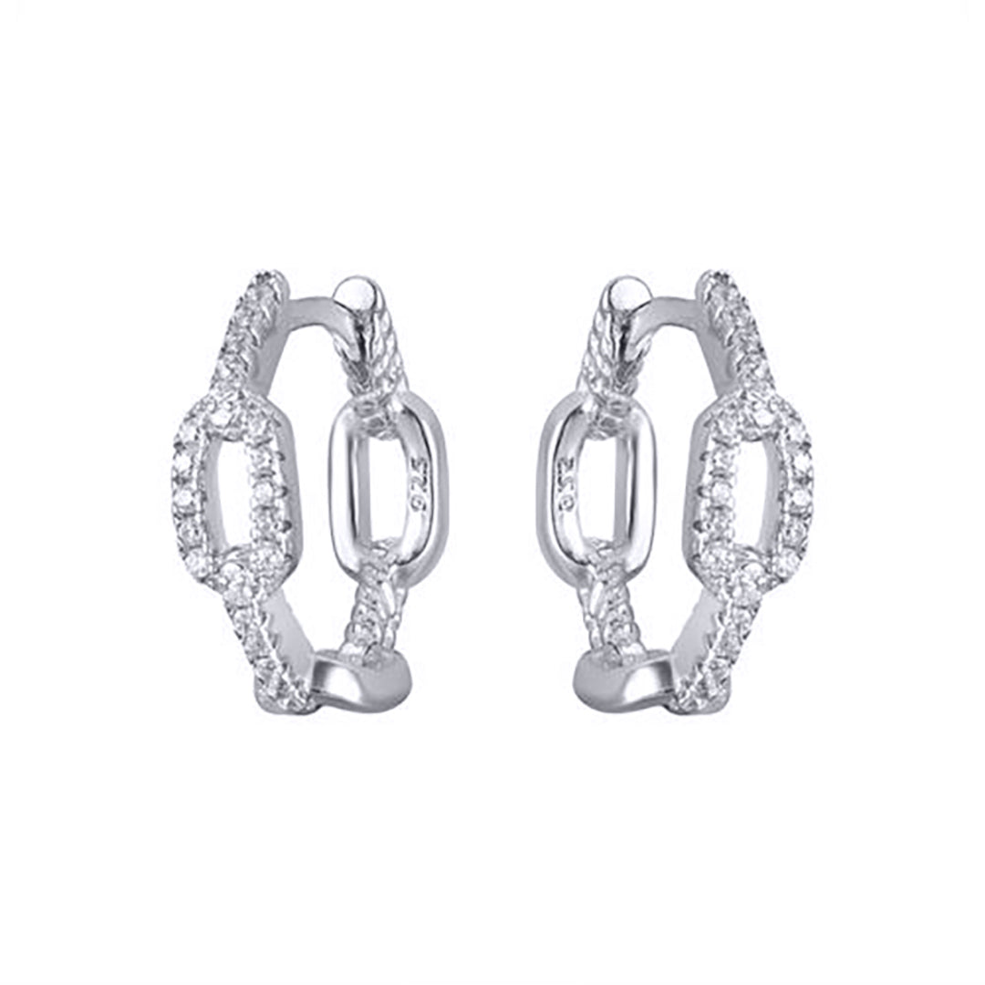 Rhodium-plated Silver  CZ Oval Paper Chain Link Hoop Earrings - AER189