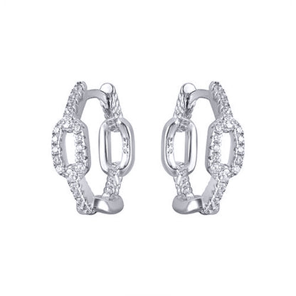 Rhodium-plated Silver  CZ Oval Paper Chain Link Hoop Earrings - AER189