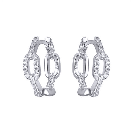 Rhodium-plated Silver  CZ Oval Paper Chain Link Hoop Earrings - AER189