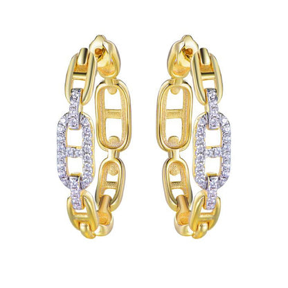 Gold-plated Silver  CZ Mariner Chain Link Hoop Earrings - AER192-GP