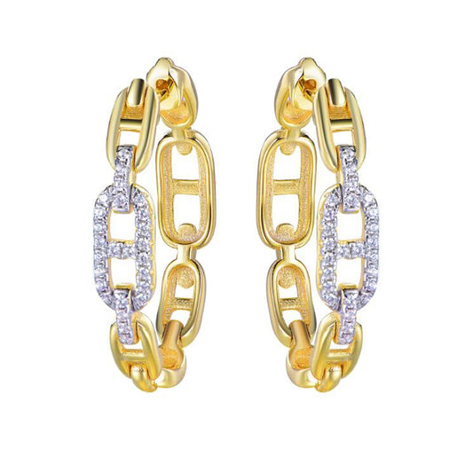 Gold-plated Silver  CZ Mariner Chain Link Hoop Earrings - AER192-GP