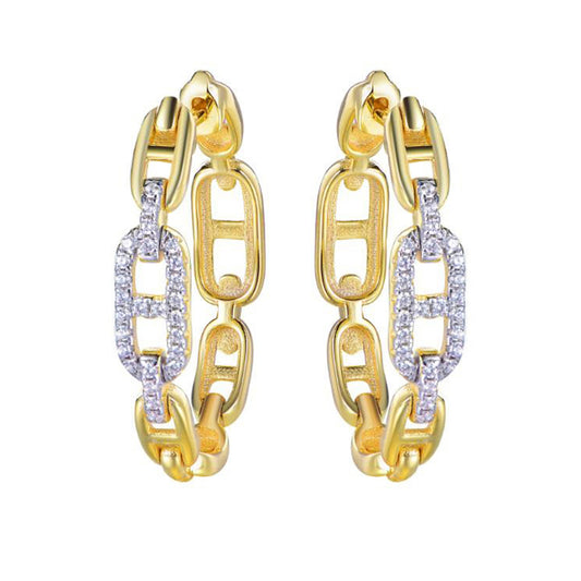 Gold-plated Silver  CZ Mariner Chain Link Hoop Earrings - AER192-GP