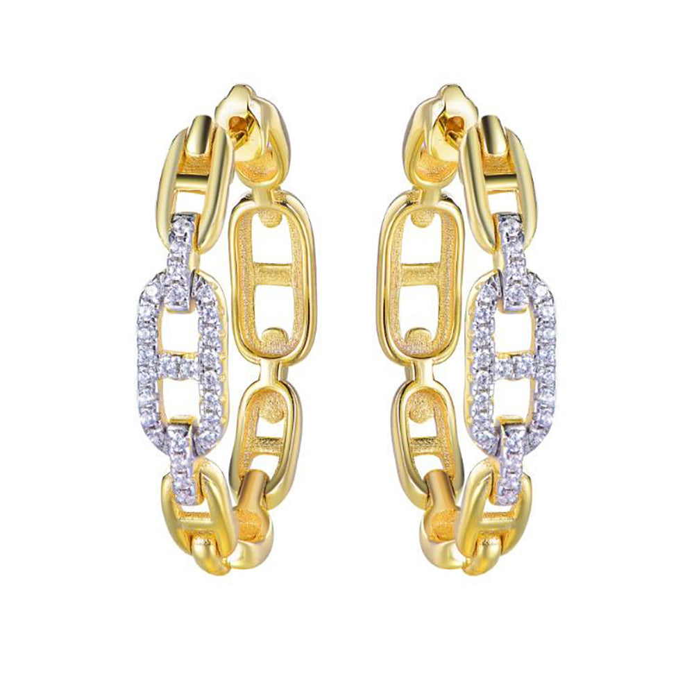 Gold-plated Silver  CZ Mariner Chain Link Hoop Earrings - AER192-GP