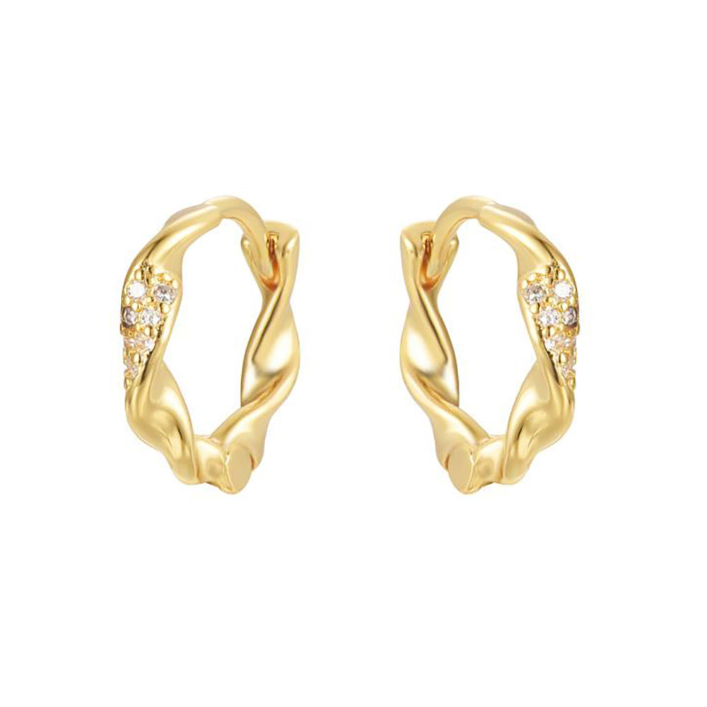 Gold-plated Silver  CZ Twisted Ribbon Pave Hoop Earrings 14mm - AER196A-GP