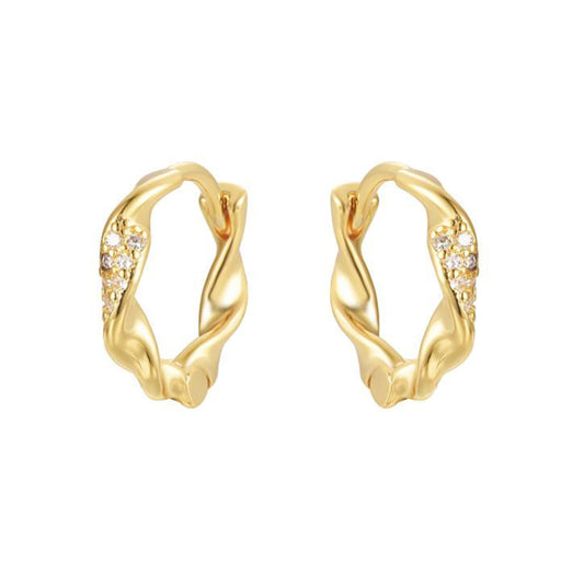 Gold-plated Silver  CZ Twisted Ribbon Pave Hoop Earrings 14mm - AER196A-GP