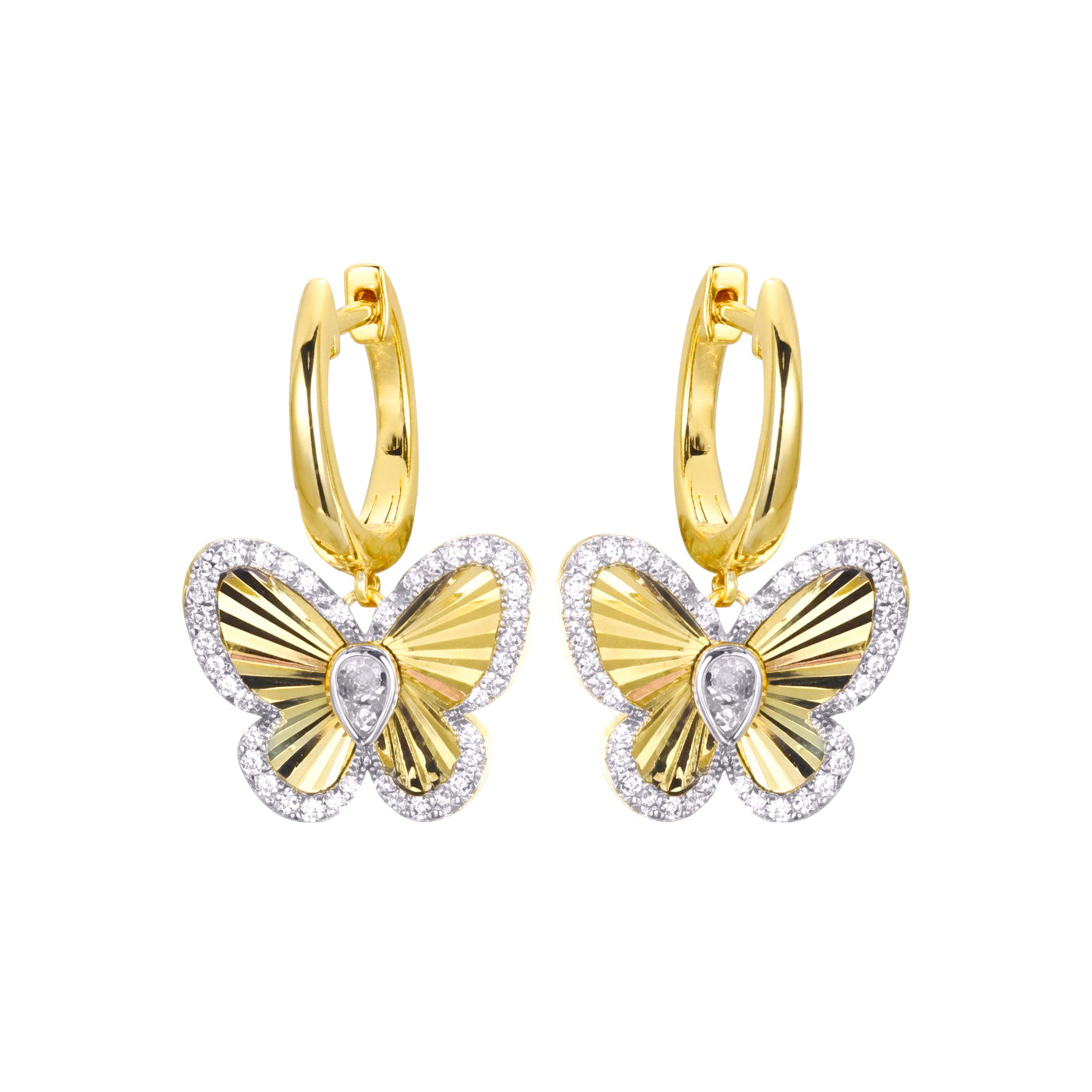 Gold-plated Silver  Pear CZ Butterfly Fluted Huggie Drop Earrings - AER197-GP
