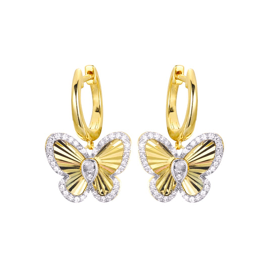 Gold-plated Silver  Pear CZ Butterfly Fluted Huggie Drop Earrings - AER197-GP