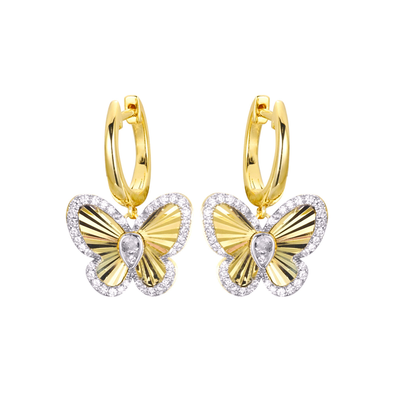 Gold-plated Silver  Pear CZ Butterfly Fluted Huggie Drop Earrings - AER197-GP