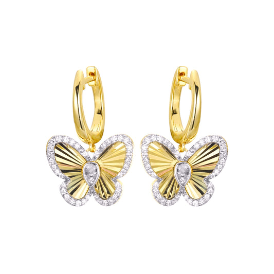 Gold-plated Silver  Pear CZ Butterfly Fluted Huggie Drop Earrings - AER197-GP