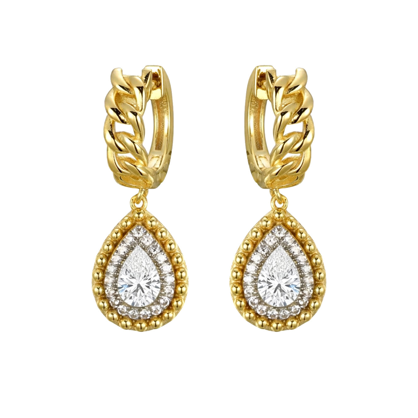 Gold-plated Silver  Pear CZ Curb Huggie Hoop Beaded Drop Earrings - AER198-GP