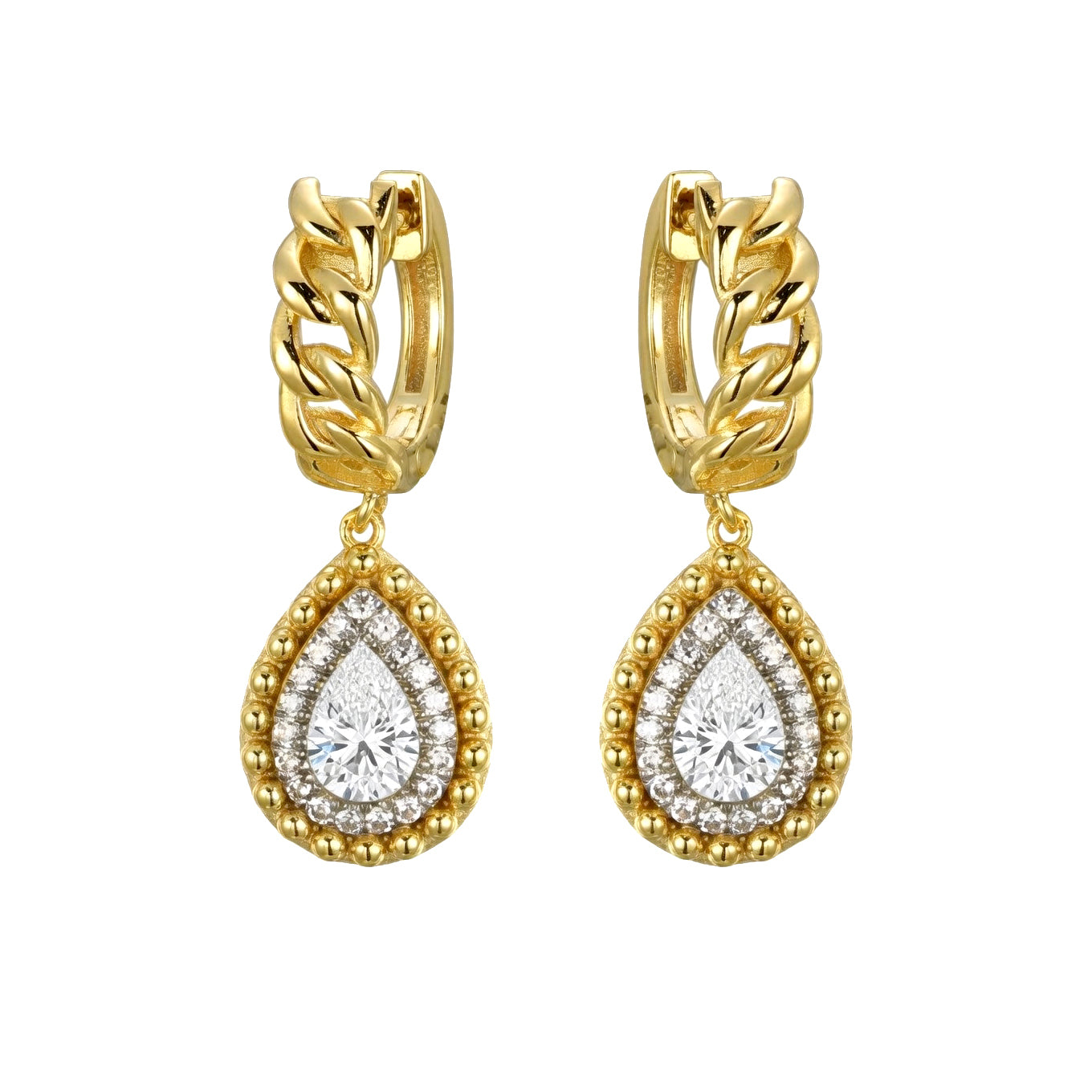 Gold-plated Silver  Pear CZ Curb Huggie Hoop Beaded Drop Earrings - AER198-GP
