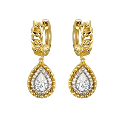 Gold-plated Silver  Pear CZ Curb Huggie Hoop Beaded Drop Earrings - AER198-GP