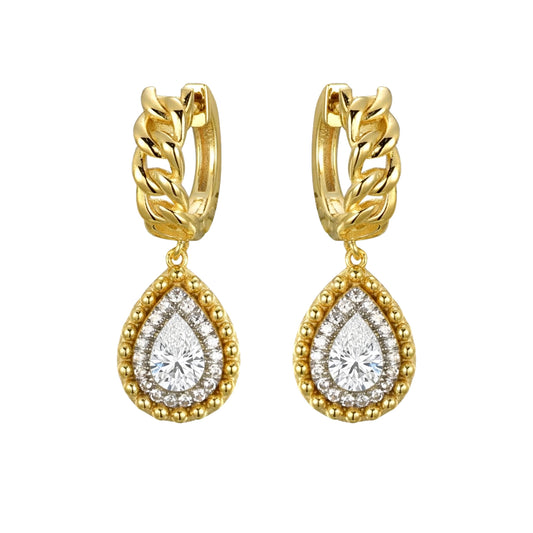 Gold-plated Silver  Pear CZ Curb Huggie Hoop Beaded Drop Earrings - AER198-GP
