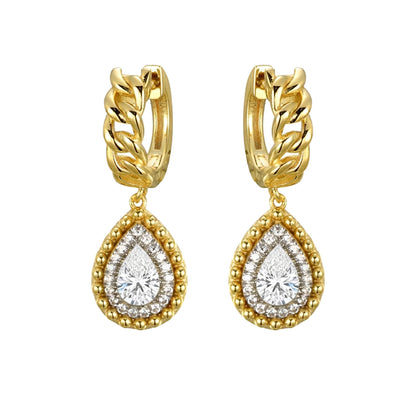 Gold-plated Silver  Pear CZ Curb Huggie Hoop Beaded Drop Earrings - AER198-GP
