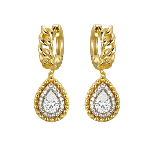 Gold-plated Silver  Pear CZ Curb Huggie Hoop Beaded Drop Earrings - AER198-GP