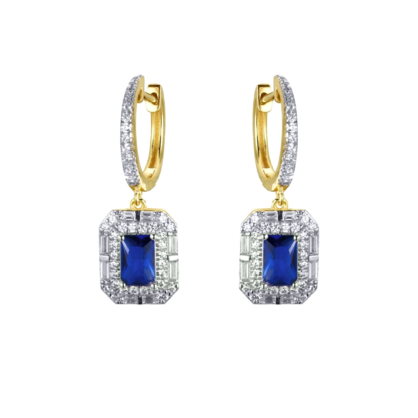 Gold-plated Silver  Blue Radiant CZ Octagon Eternity Drop Earrings - AER199B-GP